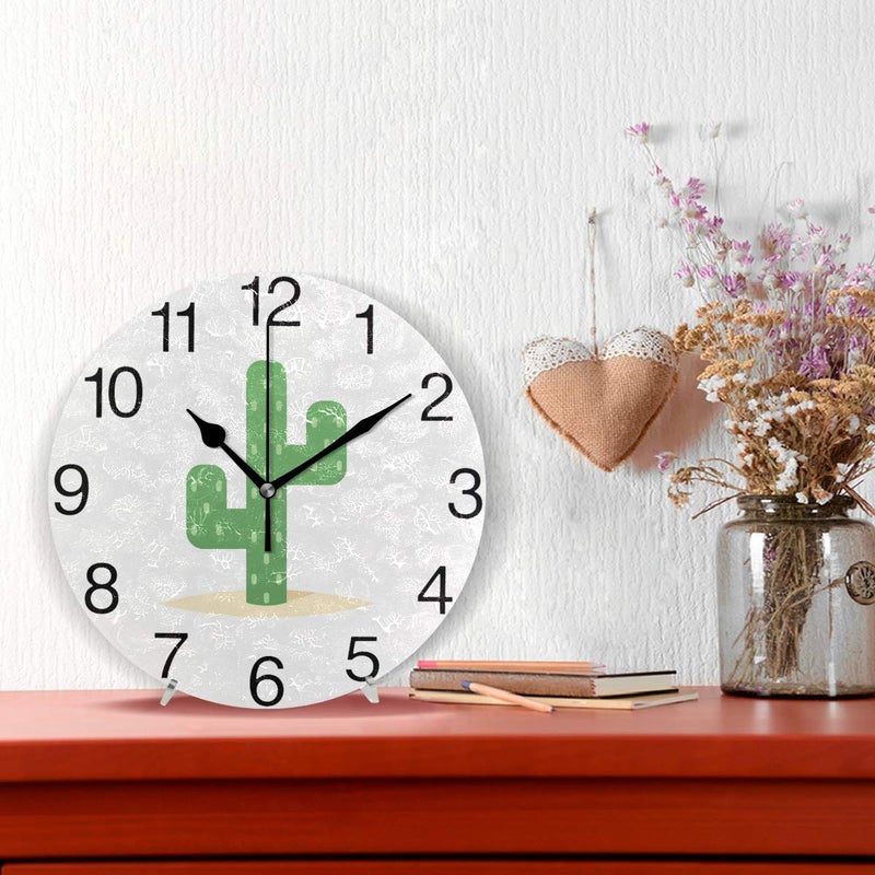 senya Desert Cactus Round Wall Clock, Silent Non Ticking Oil Painting Decorative for Home Office School Clock Art - Image 2